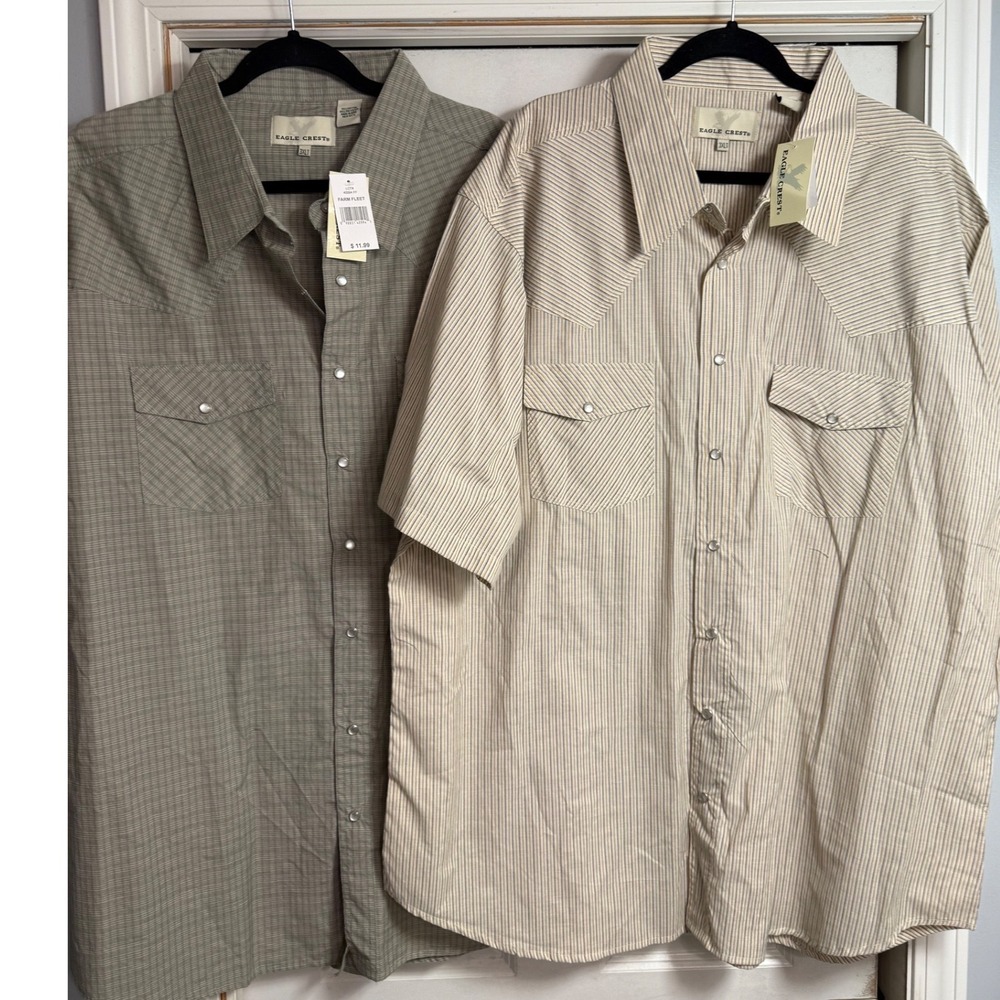2 Eagle Crest Mens 3XLT Western Pearl Snap Short Sleeve Shirts Plaid Striped NWT
